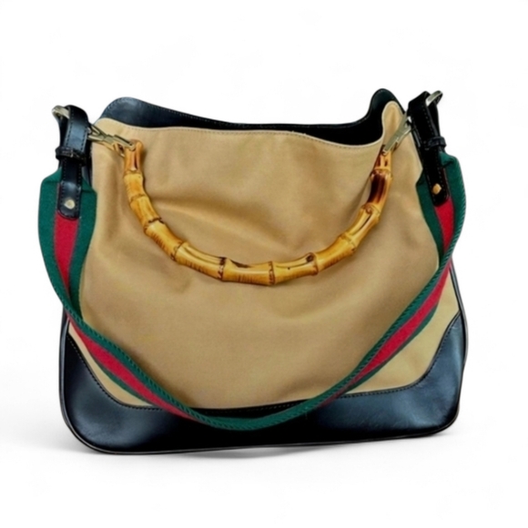 Gucci Handbags - Vintage Gucci Sherry Web Bamboo Handle Two-Way Shoulder Hobo Bag